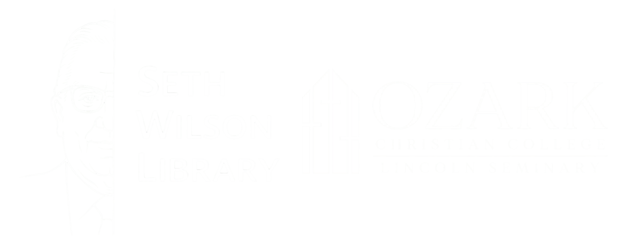 Seth Wilson and 'Seth Wilson Library' next to Ozark and Lincoln Seminary with three crosses in white