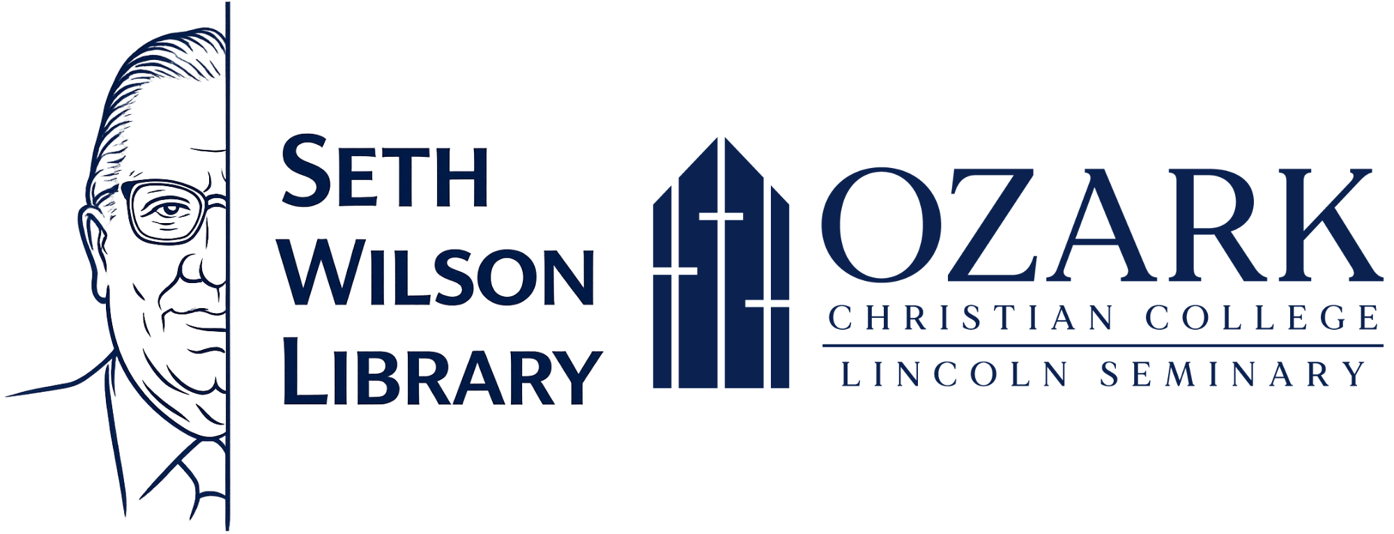 Ozark Christian College/Lincoln Seminary logo in blue. Three crosses to the left. Seth Wilson Library Logo